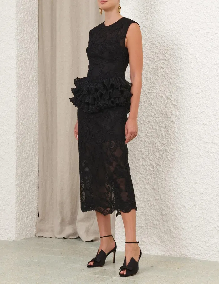 Women Clothing Zimmermann Crush Lace Frill Midi Dress Black