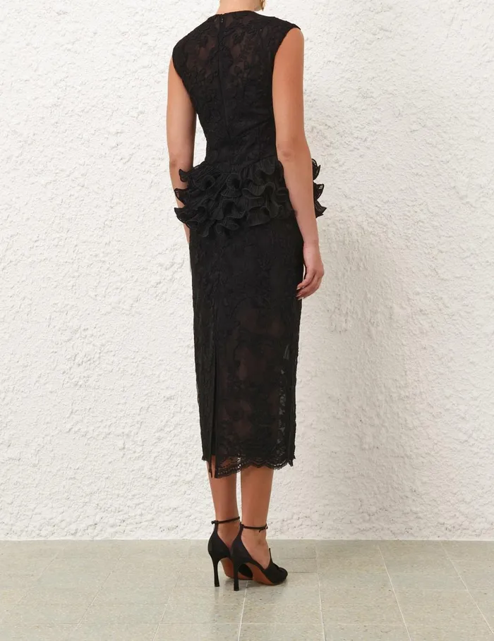 Women Clothing Zimmermann Crush Lace Frill Midi Dress Black