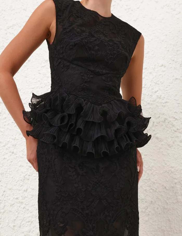 Women Clothing Zimmermann Crush Lace Frill Midi Dress Black