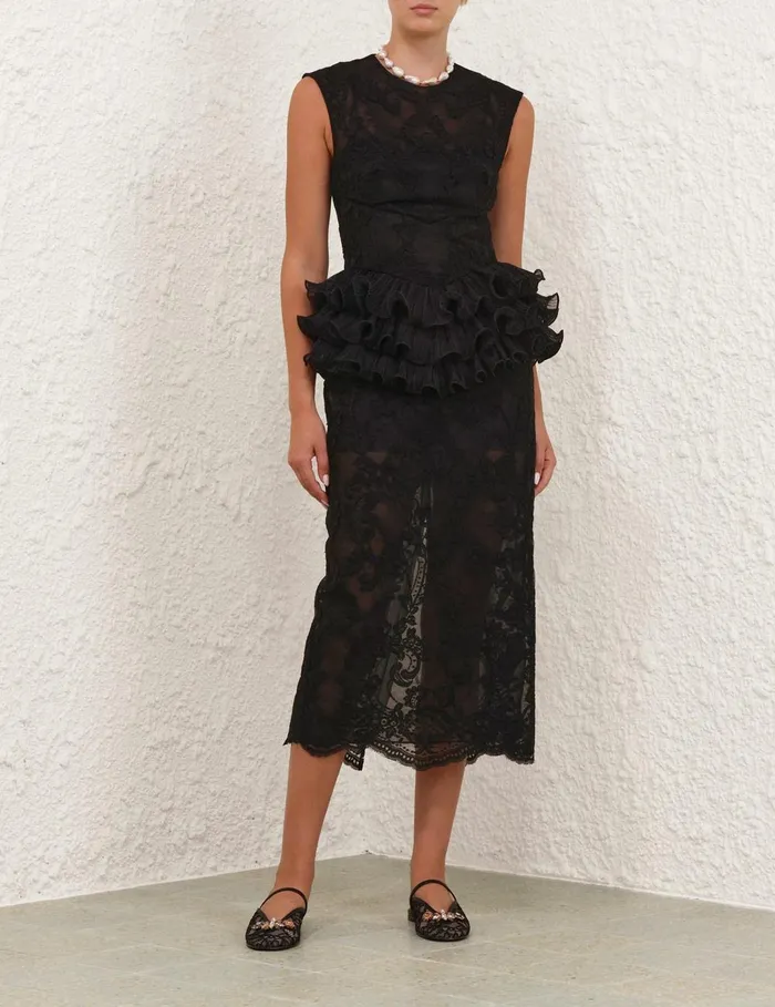 Women Clothing Zimmermann Crush Lace Frill Midi Dress Black