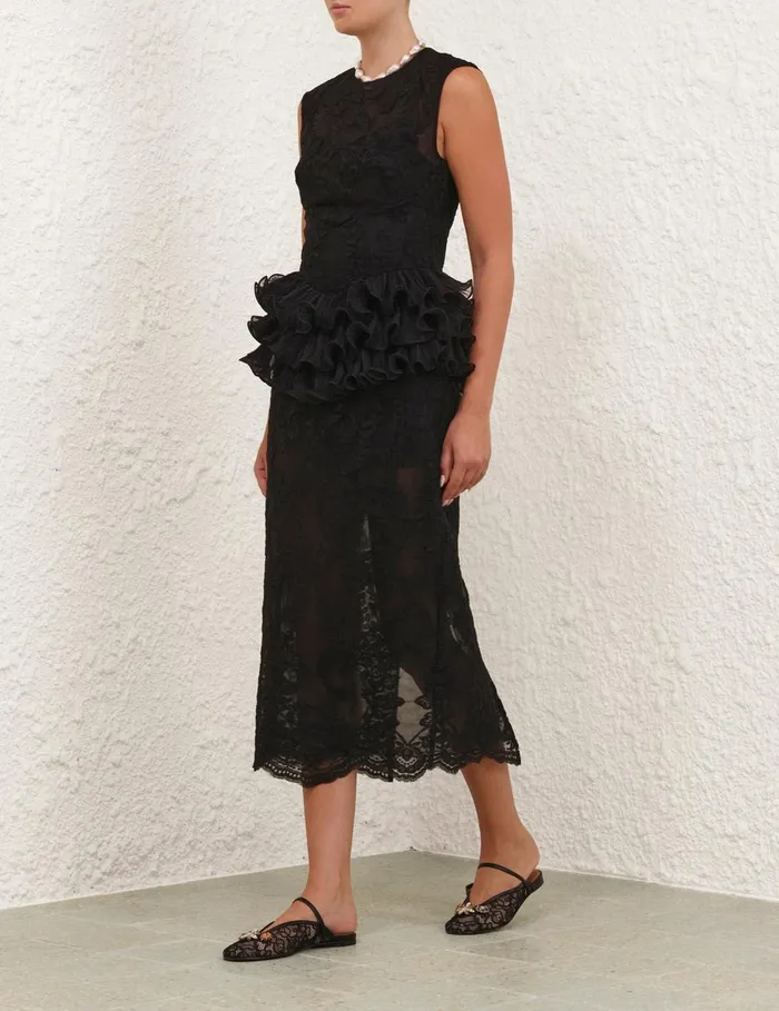Women Clothing Zimmermann Crush Lace Frill Midi Dress Black