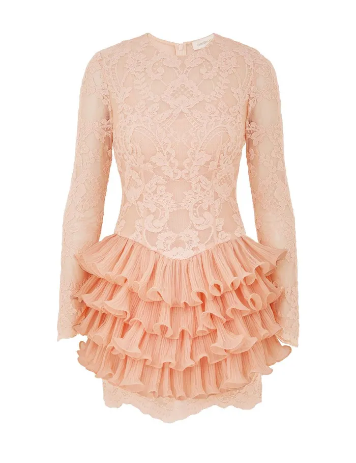 Women Clothing Zimmermann Crush Lace Frill Mini Dress Peach