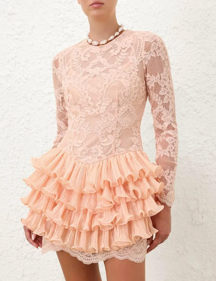 Women Clothing Zimmermann Crush Lace Frill Mini Dress Peach