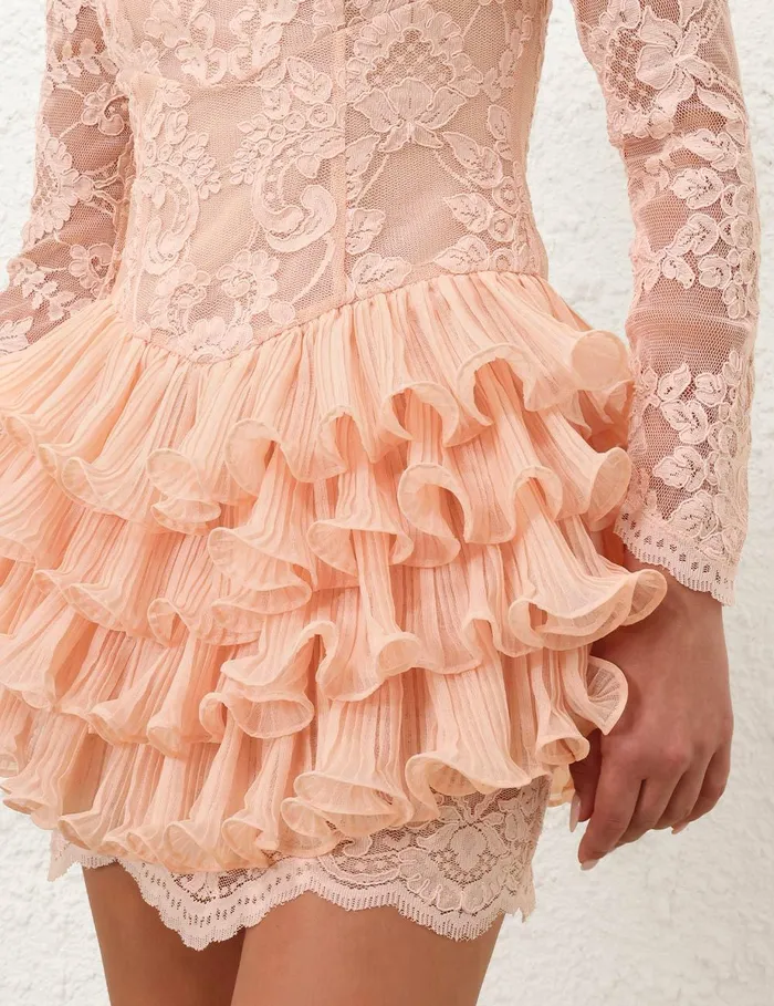 Women Clothing Zimmermann Crush Lace Frill Mini Dress Peach