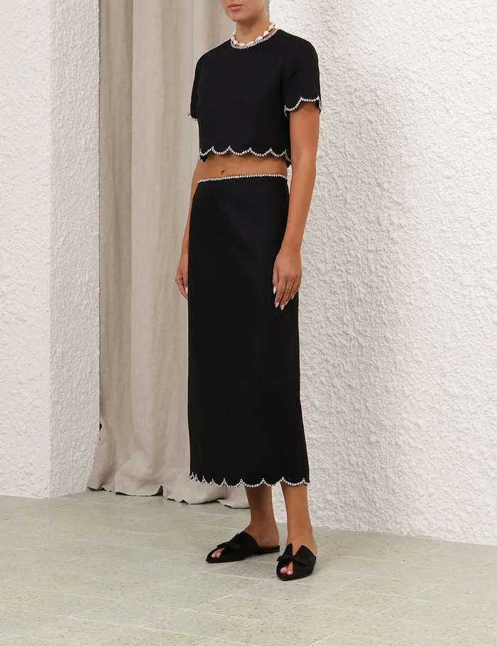 Women Clothing Zimmermann Crush Scalloped Midi Skirt Black