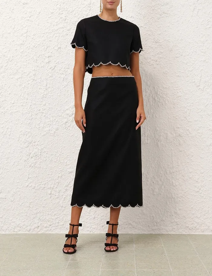 Women Clothing Zimmermann Crush Scalloped Midi Skirt Black