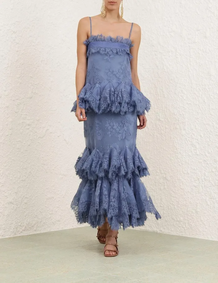 Women Clothing Zimmermann Eden Lace Handkerchief Dress Dusty Blue