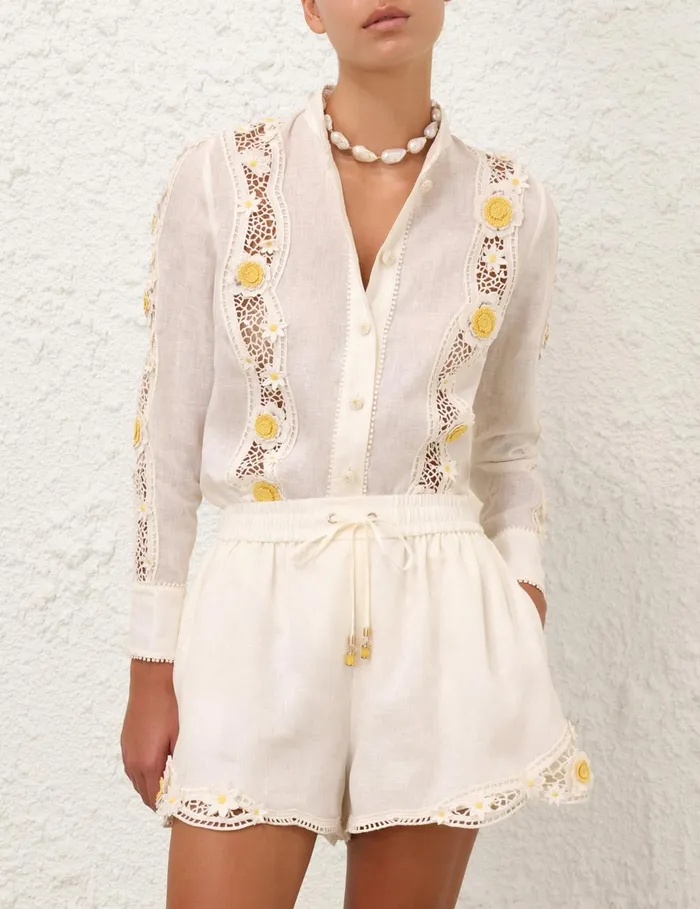 Women Clothing Zimmermann Everley Flower Trim Shirt Ivory