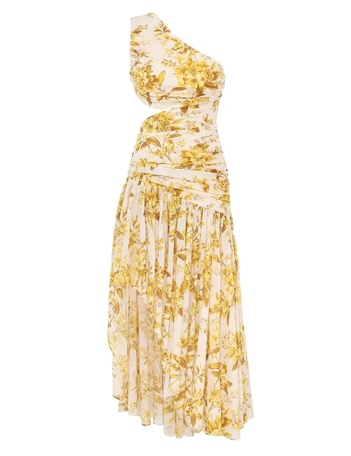 Women Clothing Zimmermann Golden Asymmetric Dress Yellow Toile Floral