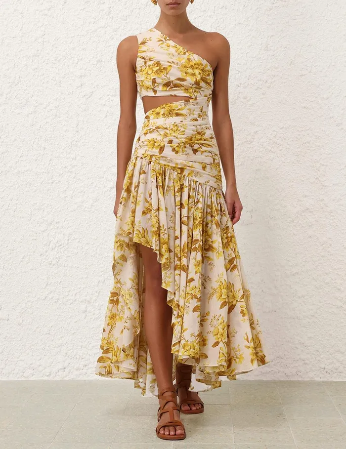 Women Clothing Zimmermann Golden Asymmetric Dress Yellow Toile Floral