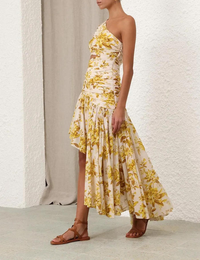 Women Clothing Zimmermann Golden Asymmetric Dress Yellow Toile Floral
