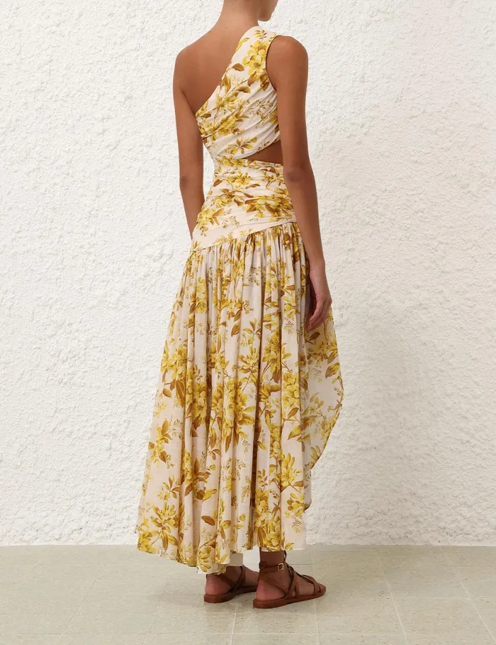 Women Clothing Zimmermann Golden Asymmetric Dress Yellow Toile Floral