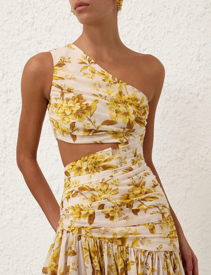 Women Clothing Zimmermann Golden Asymmetric Dress Yellow Toile Floral
