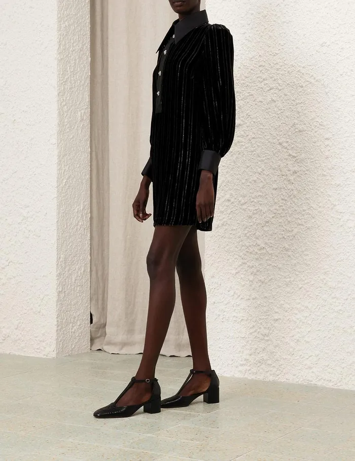 Women Clothing Zimmermann Illustration Velvet Mini Dress Blacksilver
