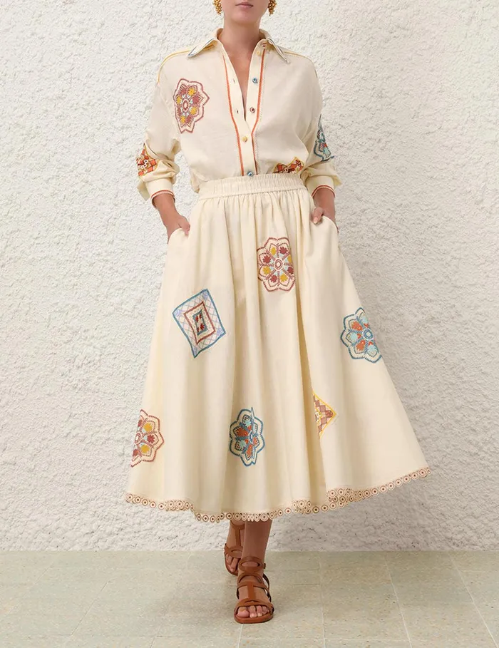 Women Clothing Zimmermann Ottie Doily Midi Skirt Cream Multi
