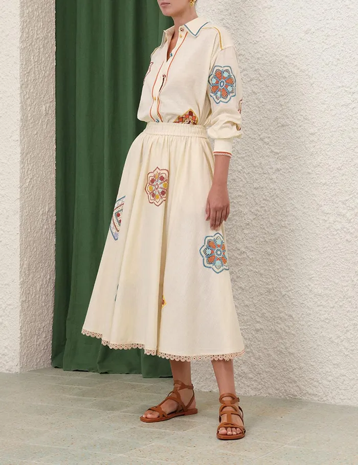 Women Clothing Zimmermann Ottie Doily Midi Skirt Cream Multi