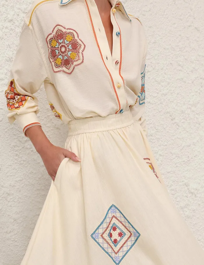 Women Clothing Zimmermann Ottie Doily Midi Skirt Cream Multi