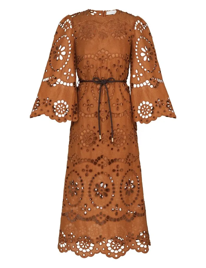 Women Clothing Zimmermann Pop Embroidered Midi Dress Tan