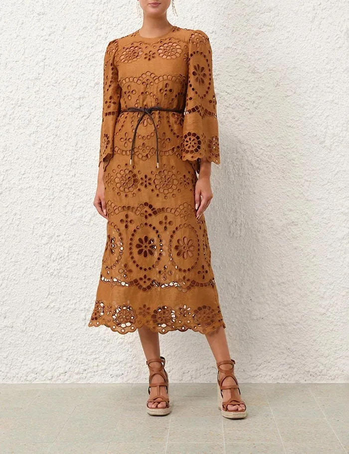 Women Clothing Zimmermann Pop Embroidered Midi Dress Tan