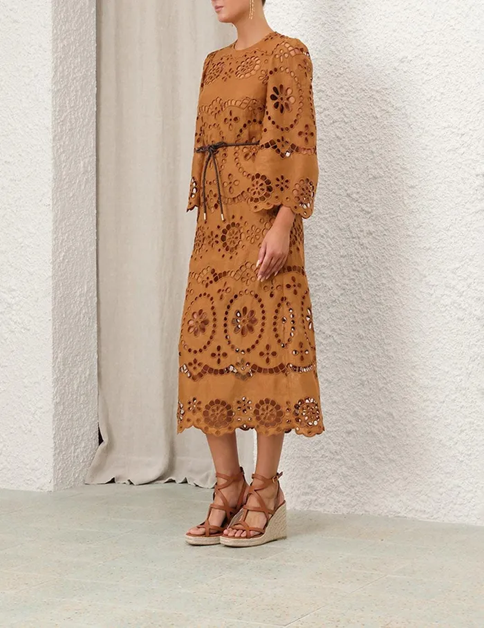 Women Clothing Zimmermann Pop Embroidered Midi Dress Tan