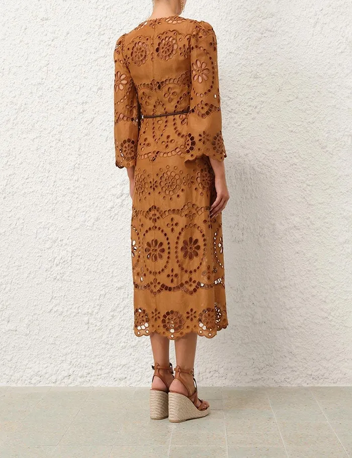 Women Clothing Zimmermann Pop Embroidered Midi Dress Tan