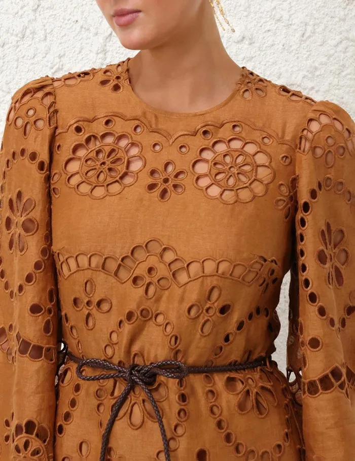 Women Clothing Zimmermann Pop Embroidered Midi Dress Tan