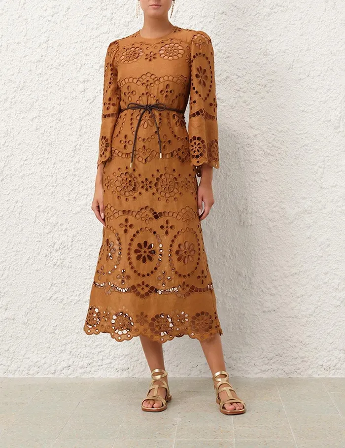 Women Clothing Zimmermann Pop Embroidered Midi Dress Tan
