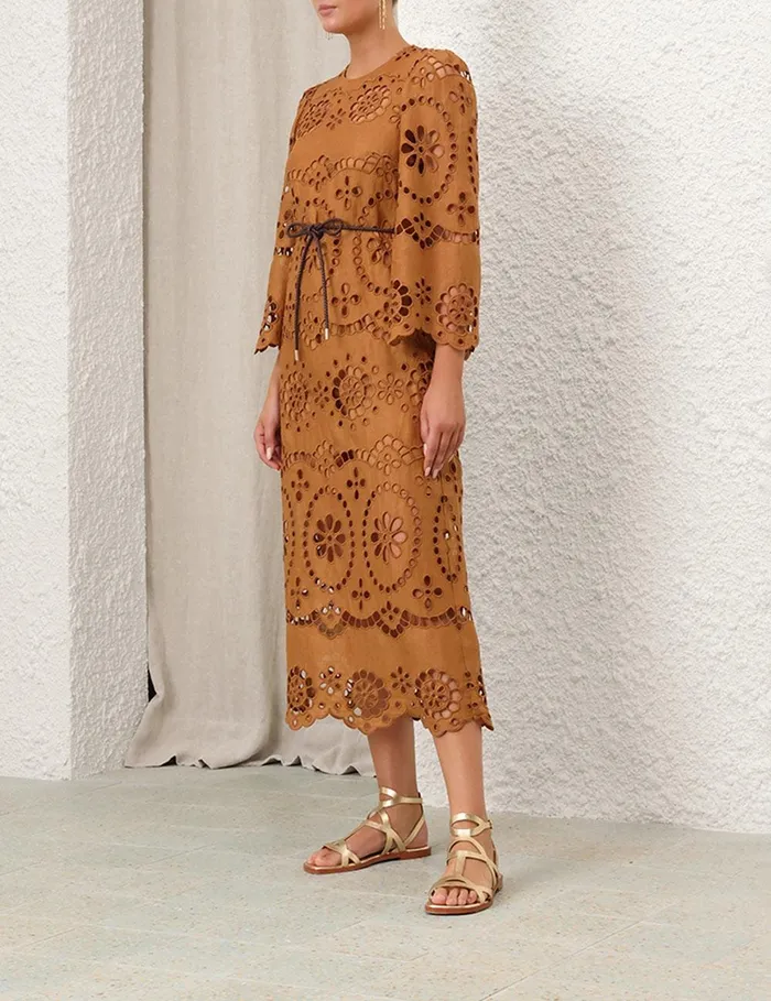 Women Clothing Zimmermann Pop Embroidered Midi Dress Tan