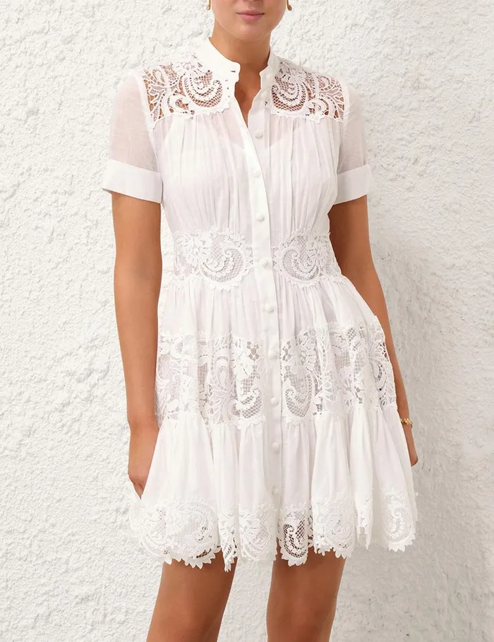Women Clothing Zimmermann Pop Lace Trimmed Mini Dress Ivory