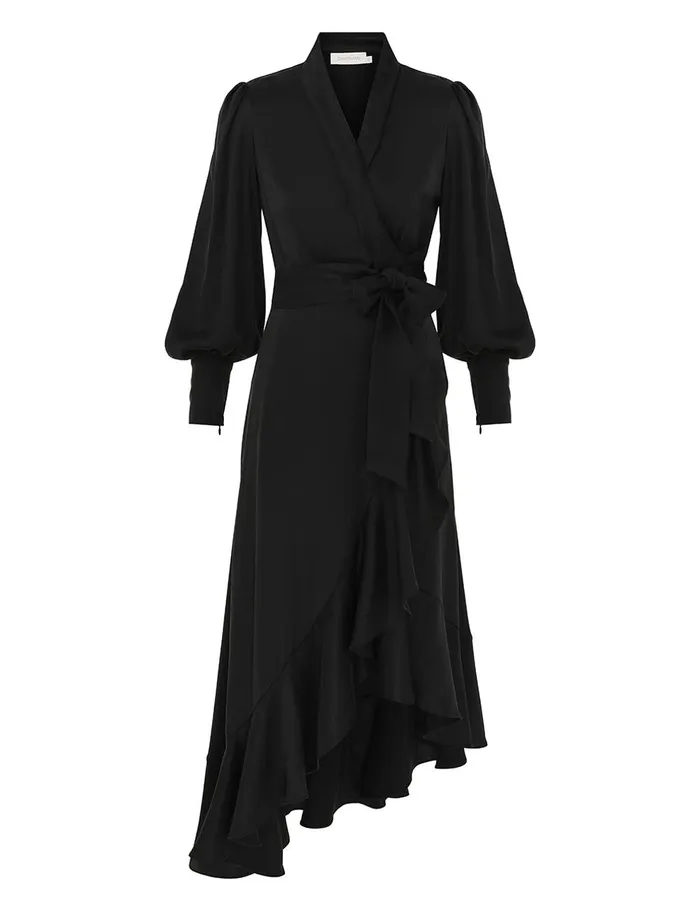 Women Clothing Zimmermann Silk Wrap Midi Dress Black