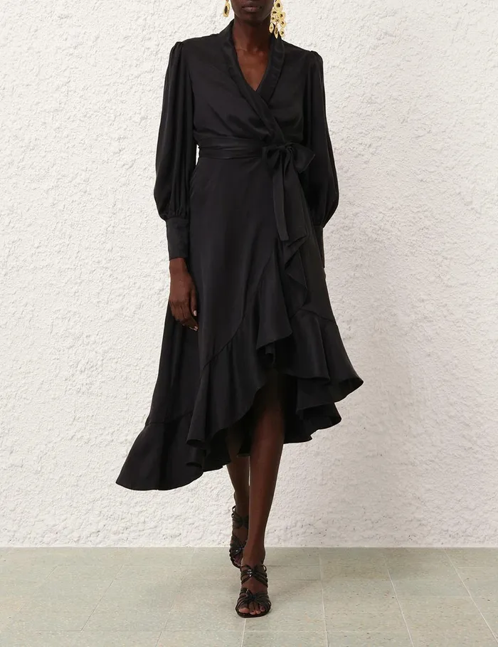 Women Clothing Zimmermann Silk Wrap Midi Dress Black