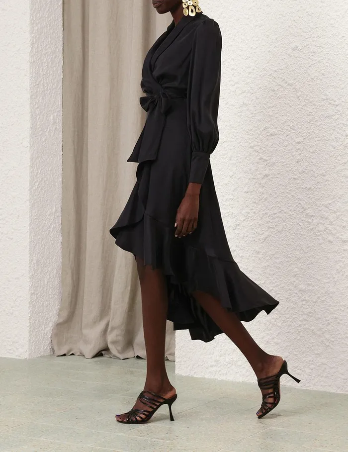 Women Clothing Zimmermann Silk Wrap Midi Dress Black