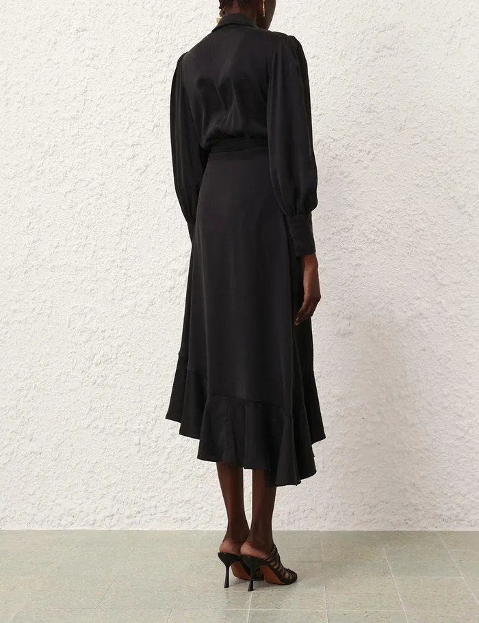 Women Clothing Zimmermann Silk Wrap Midi Dress Black