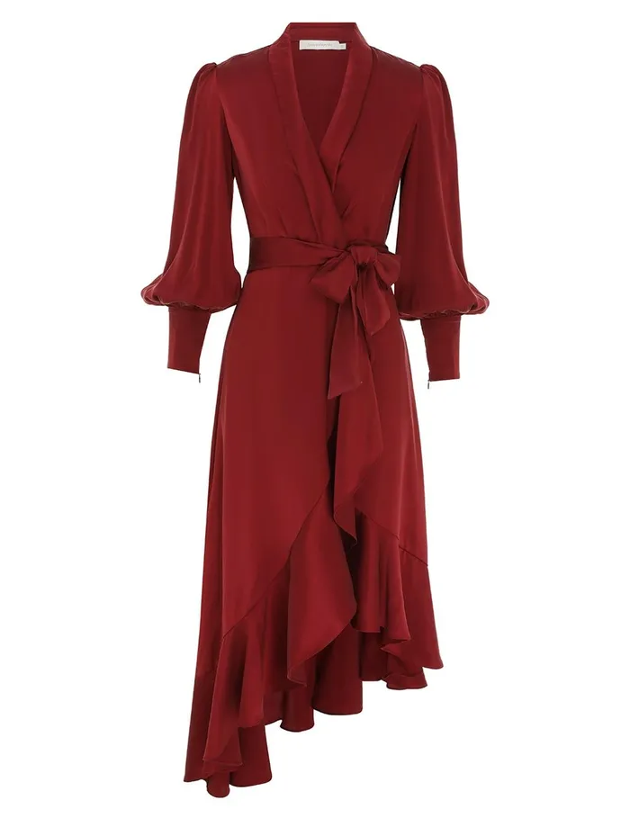 Women Clothing Zimmermann Silk Wrap Midi Dress Burgundy