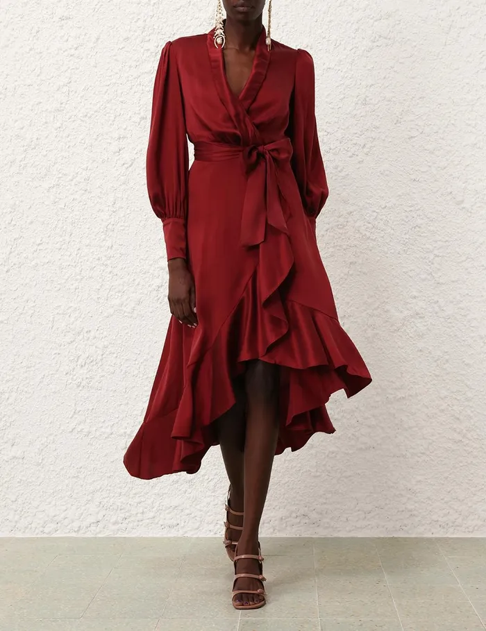 Women Clothing Zimmermann Silk Wrap Midi Dress Burgundy