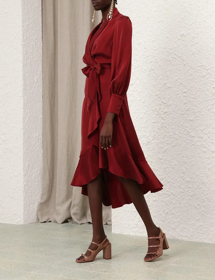 Women Clothing Zimmermann Silk Wrap Midi Dress Burgundy
