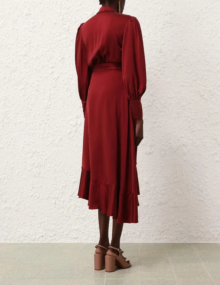 Women Clothing Zimmermann Silk Wrap Midi Dress Burgundy