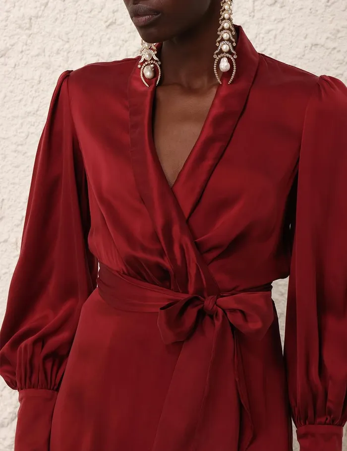 Women Clothing Zimmermann Silk Wrap Midi Dress Burgundy