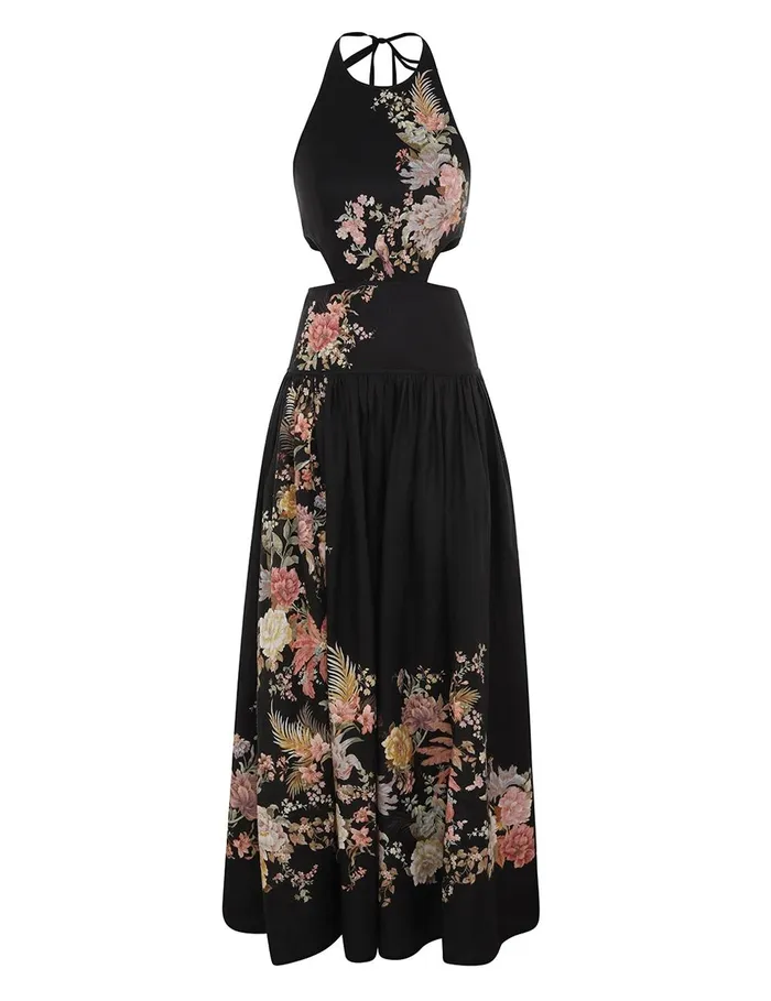 Women Clothing Zimmermann Tallow Halter Midi Dress Black Multi Floral