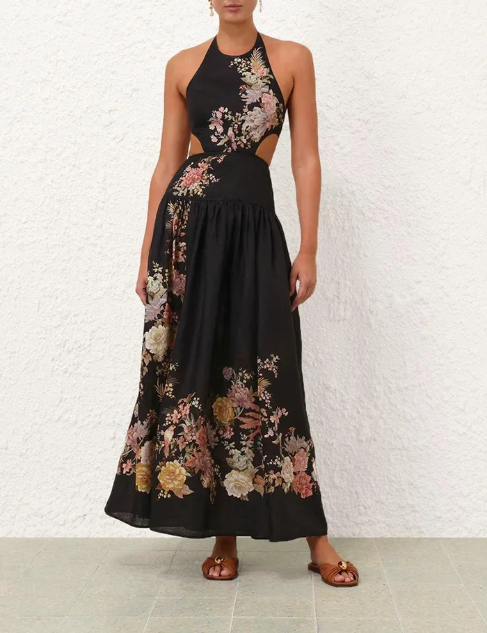 Women Clothing Zimmermann Tallow Halter Midi Dress Black Multi Floral