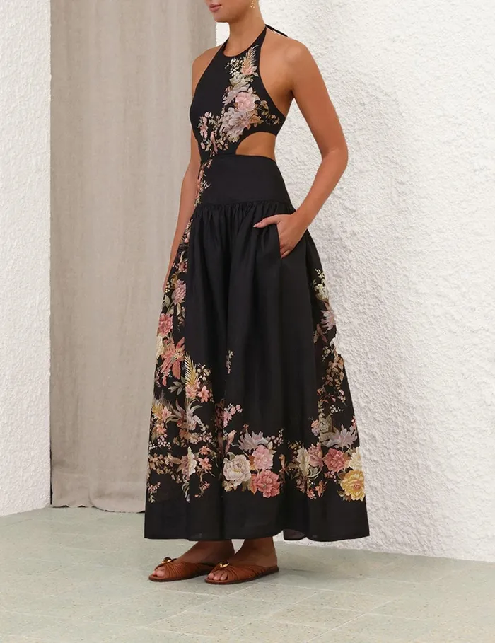 Women Clothing Zimmermann Tallow Halter Midi Dress Black Multi Floral