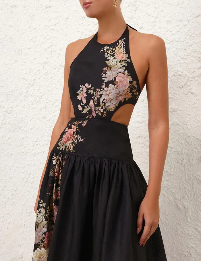 Women Clothing Zimmermann Tallow Halter Midi Dress Black Multi Floral