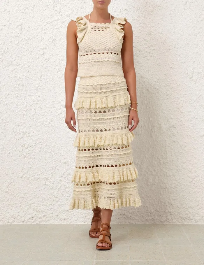 Women Clothing Zimmermann Waverly Crochet Midi Skirt Cream