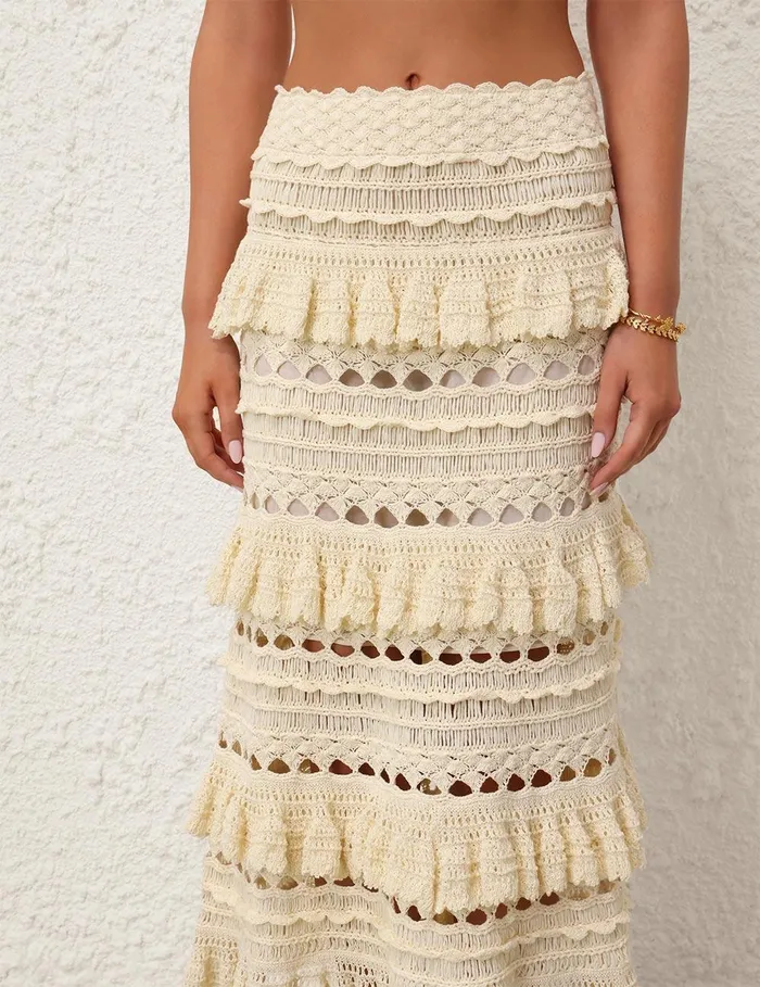 Women Clothing Zimmermann Waverly Crochet Midi Skirt Cream
