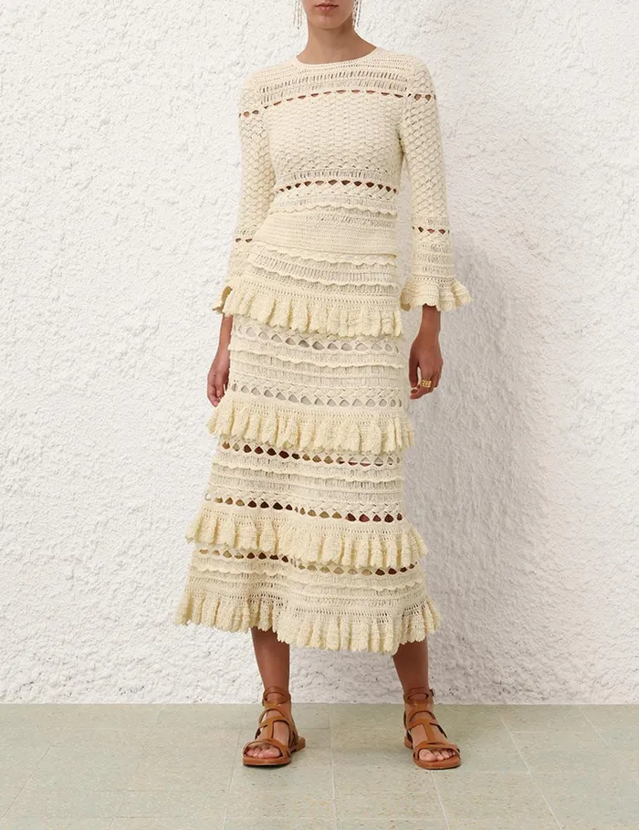 Women Clothing Zimmermann Waverly Crochet Midi Skirt Cream
