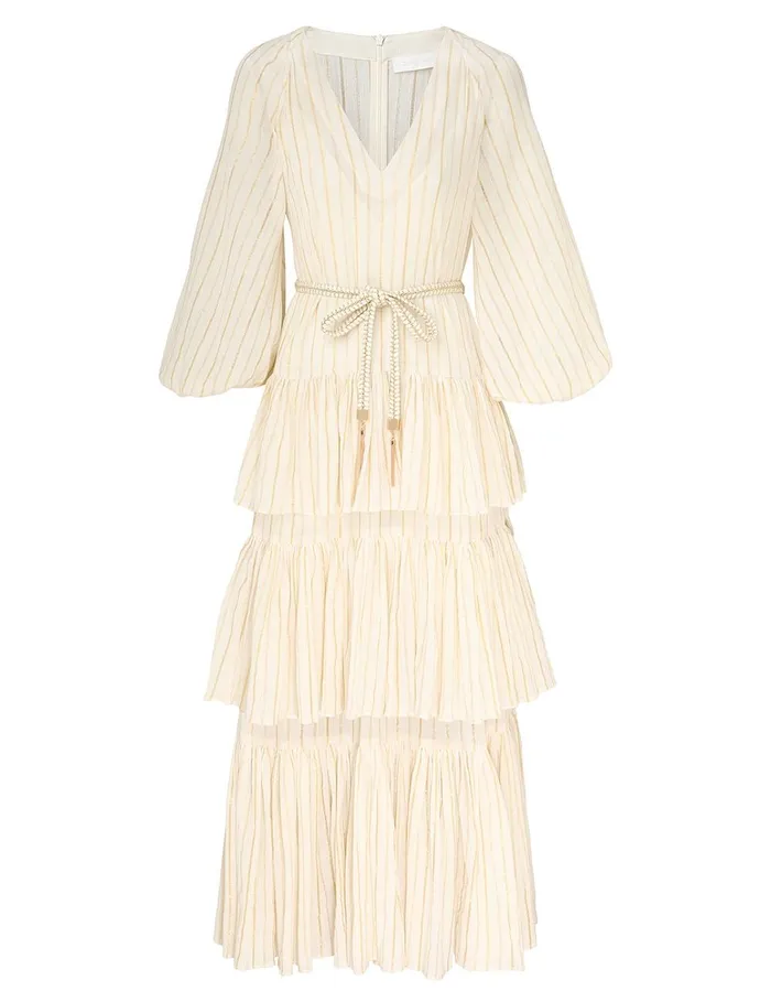 Women Clothing Zimmermann Waverly Tiered Midi Dress Ivorygold