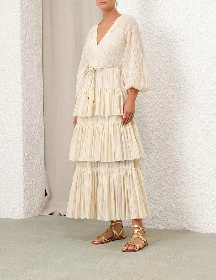 Women Clothing Zimmermann Waverly Tiered Midi Dress Ivorygold