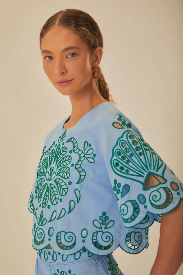 Women Crop Tops Farm Rio Light Blue And Green Graphic Richelieu Crop Top