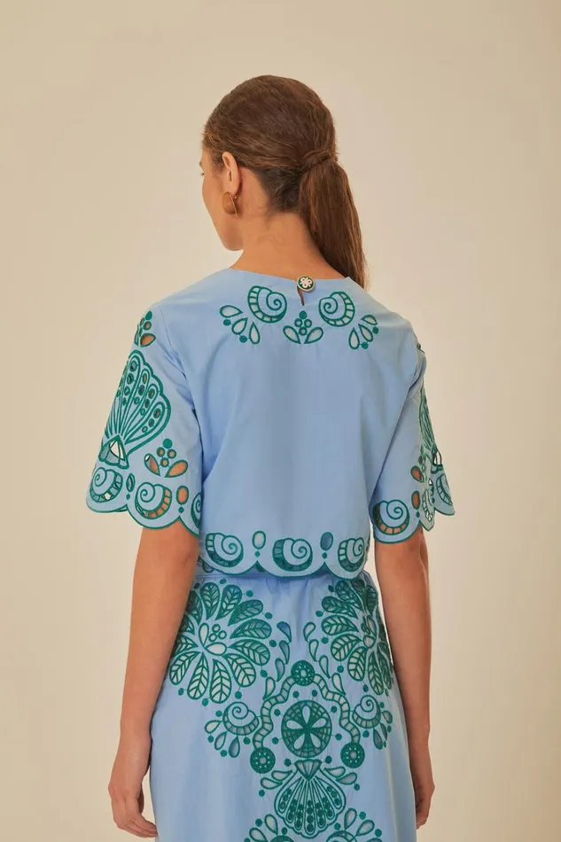 Women Crop Tops Farm Rio Light Blue And Green Graphic Richelieu Crop Top