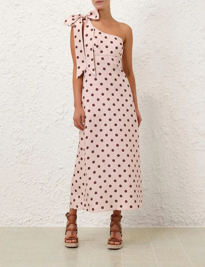 Women Dresses and Coverups Zimmermann Acacia One Shoulder Midi Dress Creamtan Dot